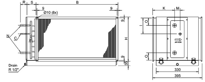 Размеры водяного канального воздухоохладитель для прямоугольных каналов Systemair DXRE 70-40-3-2,5